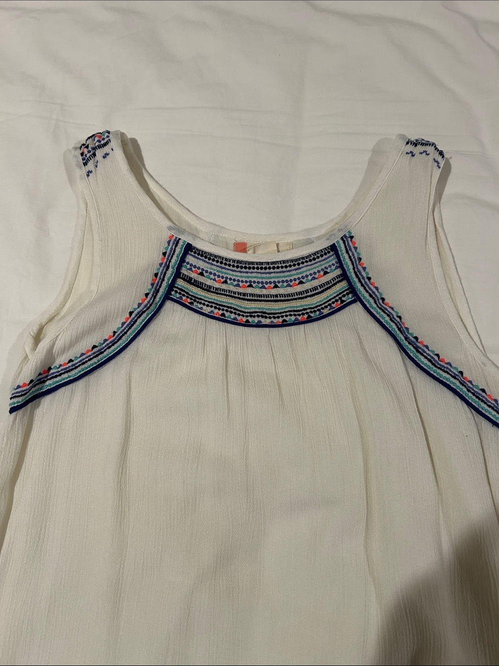 Roxy White Sleeveless Mini Dress with Multicolor Embroidered Yoke